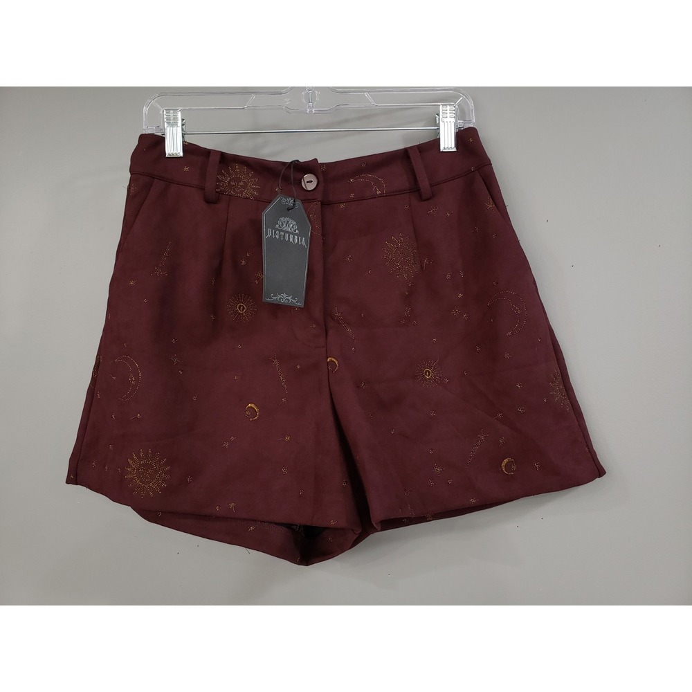 NEW DISTURBIA Rosia Celestial Suede Astral Maroon Gold Shorts Moon whimsigoth